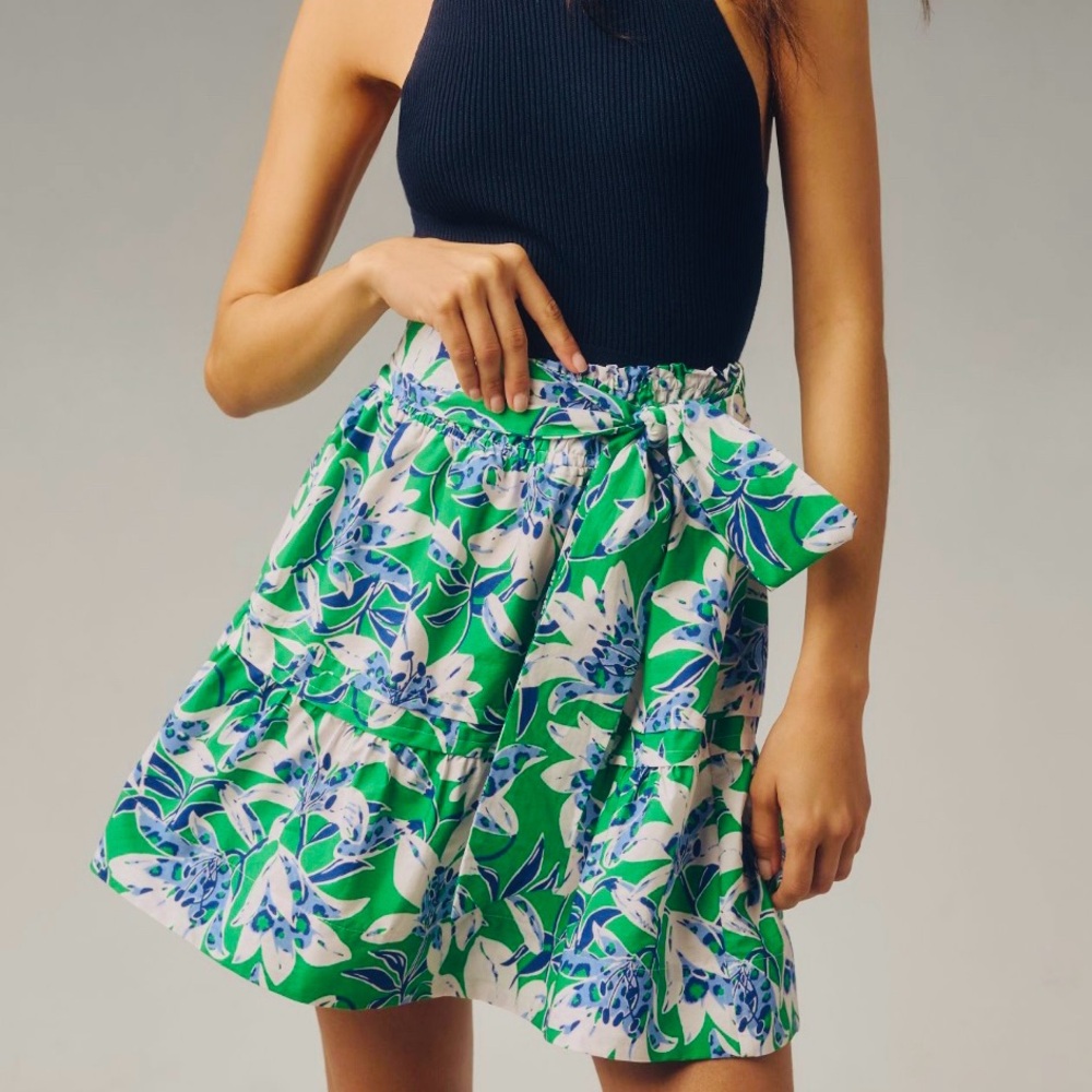 Anthropologie Somerset Midi Blur Green Pull-on Floral A-line silhouette Skirt L